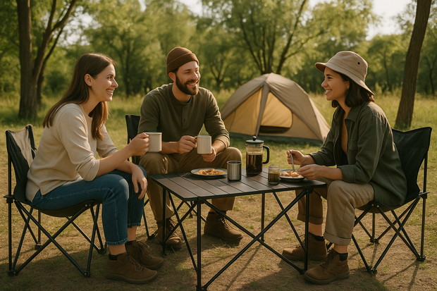 camping outdoor sitting at the table on camping chairs