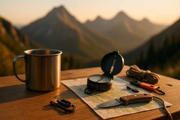 close-up of a camping table top
 outdoors, with mountains in the background