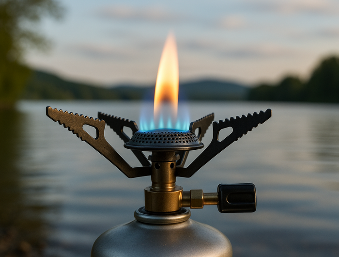 close-up of an outdoor gas burner against the backdrop of a lake