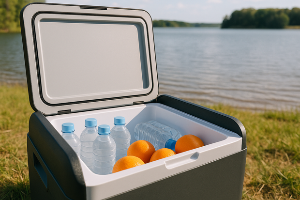 close-up of the interior of a portable refrigerator outside, with a lake in the background